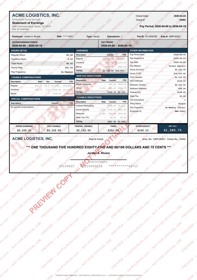 Detailed Ledger assisted pay stub sample