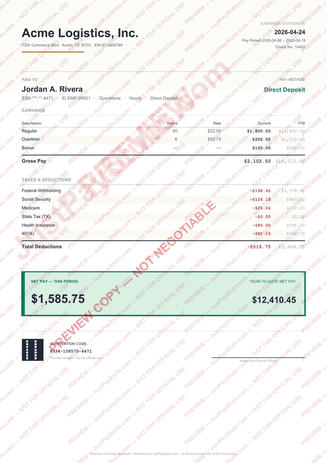 Executive assisted pay stub sample