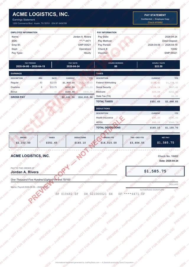 Holy Grail assisted pay stub sample
